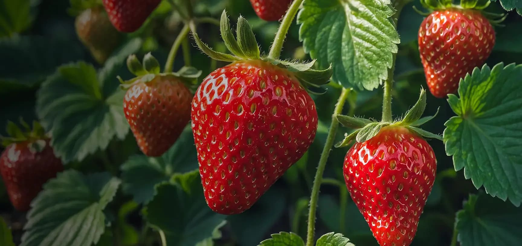 A picture of Strawberries hanging from a tree, green red, and blue
